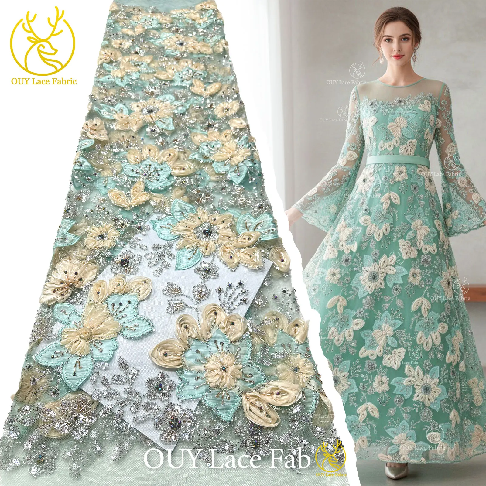

3D Fashion Flower Tulle Lace Fabric 2026 High Quality African Beaded Sequins Lace Fabric Nigerian Mesh Lace Prom Wedding Dress