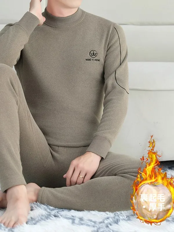 厚手フリース暖かい下着セット男性用ミッドネック冬用サーマルベースレイヤーロングパンツ長袖パジャマポリエステルスパンデックスブレンド