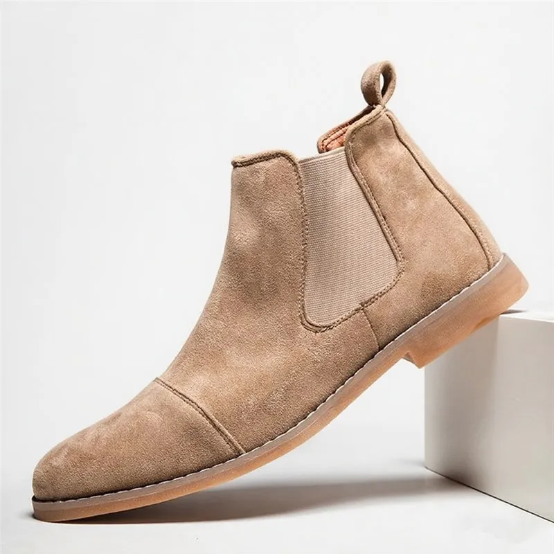 

Hot Selling Khaki Chelsea Boots Man Comfortable Pointed Toe Men's Ankle Boots Slip on Suede Leather Boots Man botas para hombr