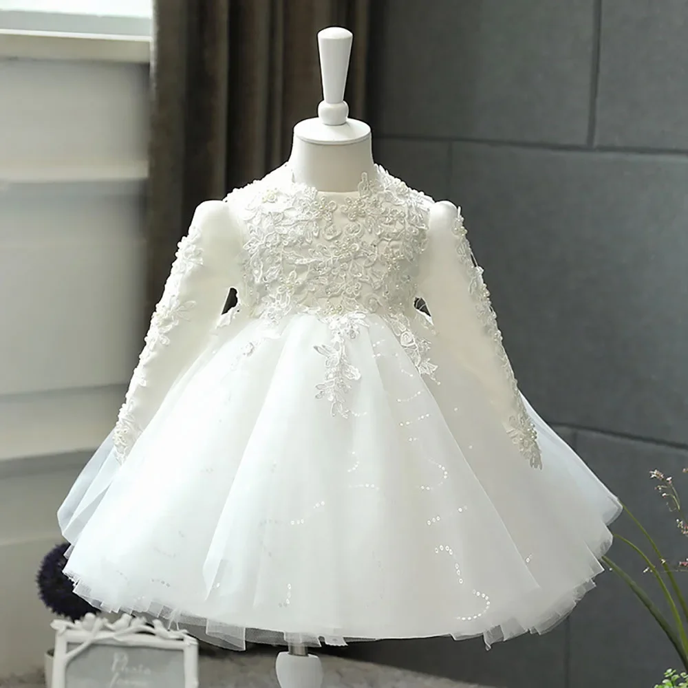 

Рождественские платья принцессы с длинными рукавами для маленьких девочек, кружевное детское платье на день рождения с бусинами, красное платье с цветочным узором для маленьких девочек на свадьбу