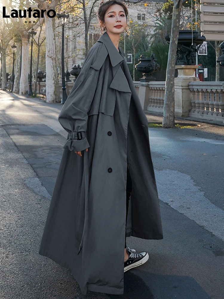 Lautaro Spring Autumn Extra Long Flowy Oversized Casual Trench Coat for Women Belt Double Breasted Loose Korean Fashion 2022