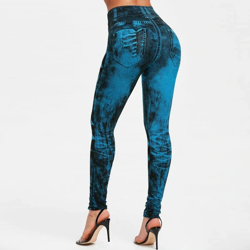 Sexy imitação de jeans leggings mulheres estiramento cintura alta calças de fitness magro empurrar para cima do esporte leggings para calças