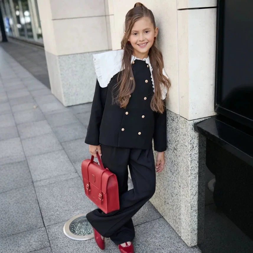 2026 Russian Spring and Autumn Girls' White Detachable Ruffle Collar Coat French Pants Two Piece Set