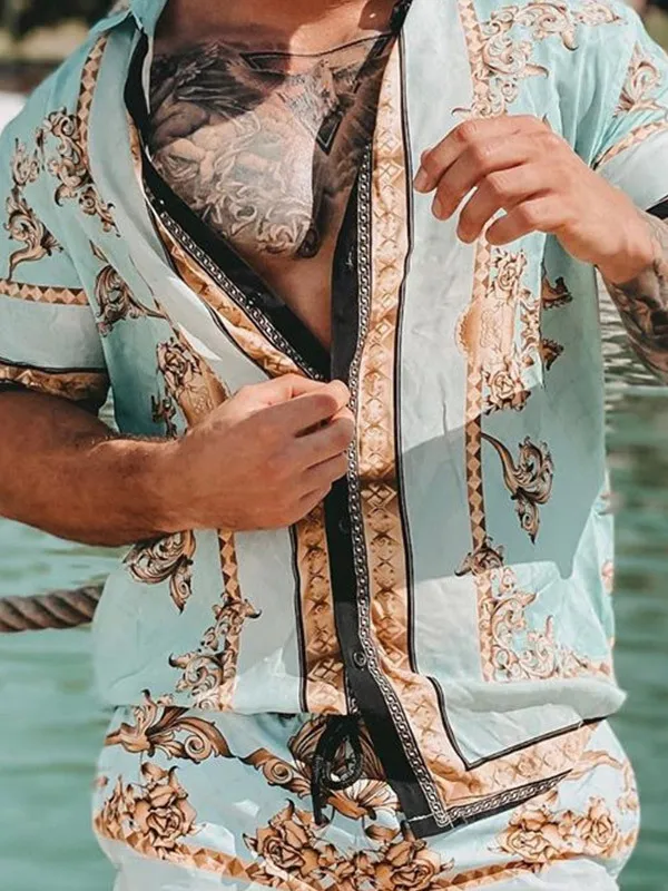 

Summer Casual Loose Printed Two-Piece irt Beach Suit Men's Comfortable Breathable Clothing Set Faionable Streetwear