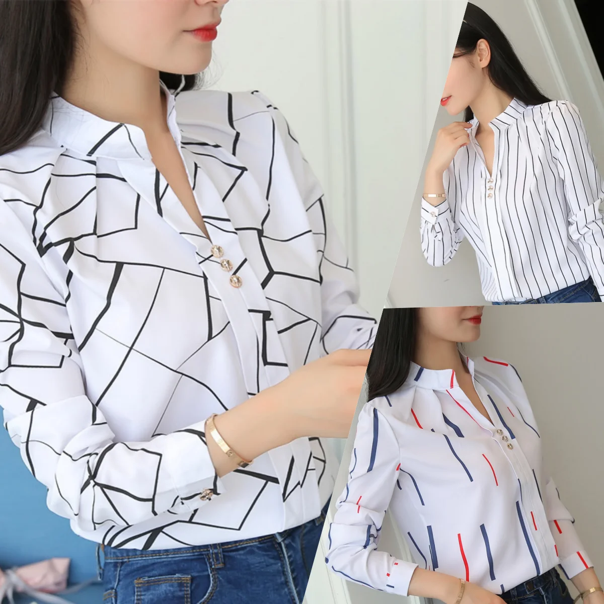 2024 Spring and Autumn New Casual Striped Long Sleeve Shirt Loose White Stand Collar Top Women Shirt Blouse