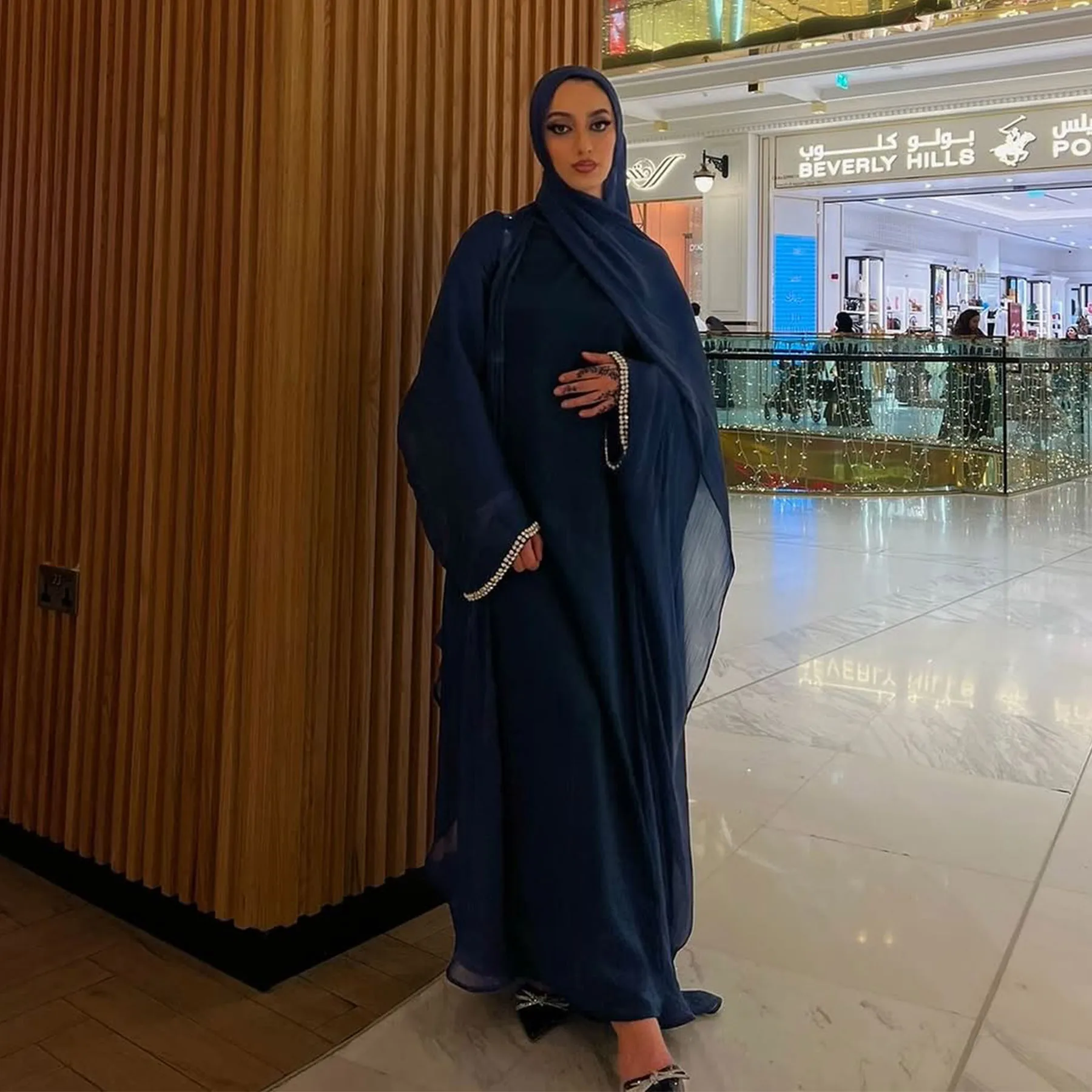 Muslim Set 3-Pieces Women Kimono Cardigan Diamonds Open Abaya Inner Dresses Scarf Arabic Robe Dubai Turkey Islamic Clothing Arab