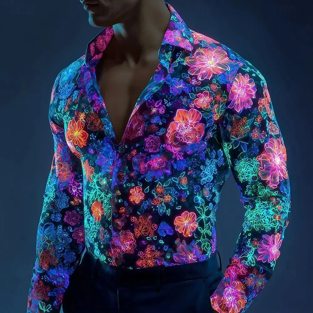 Men's Floral Print Neon Flowers Button up Shirt Casual Thickened Fleece Autumn  Neck Nine Sleeve Length Special Wide