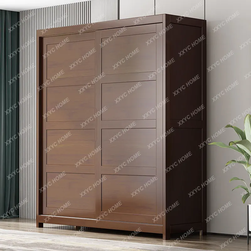 solid wood sliding door wardrobe, modern simple log two-door bedroom sliding door wardrobe