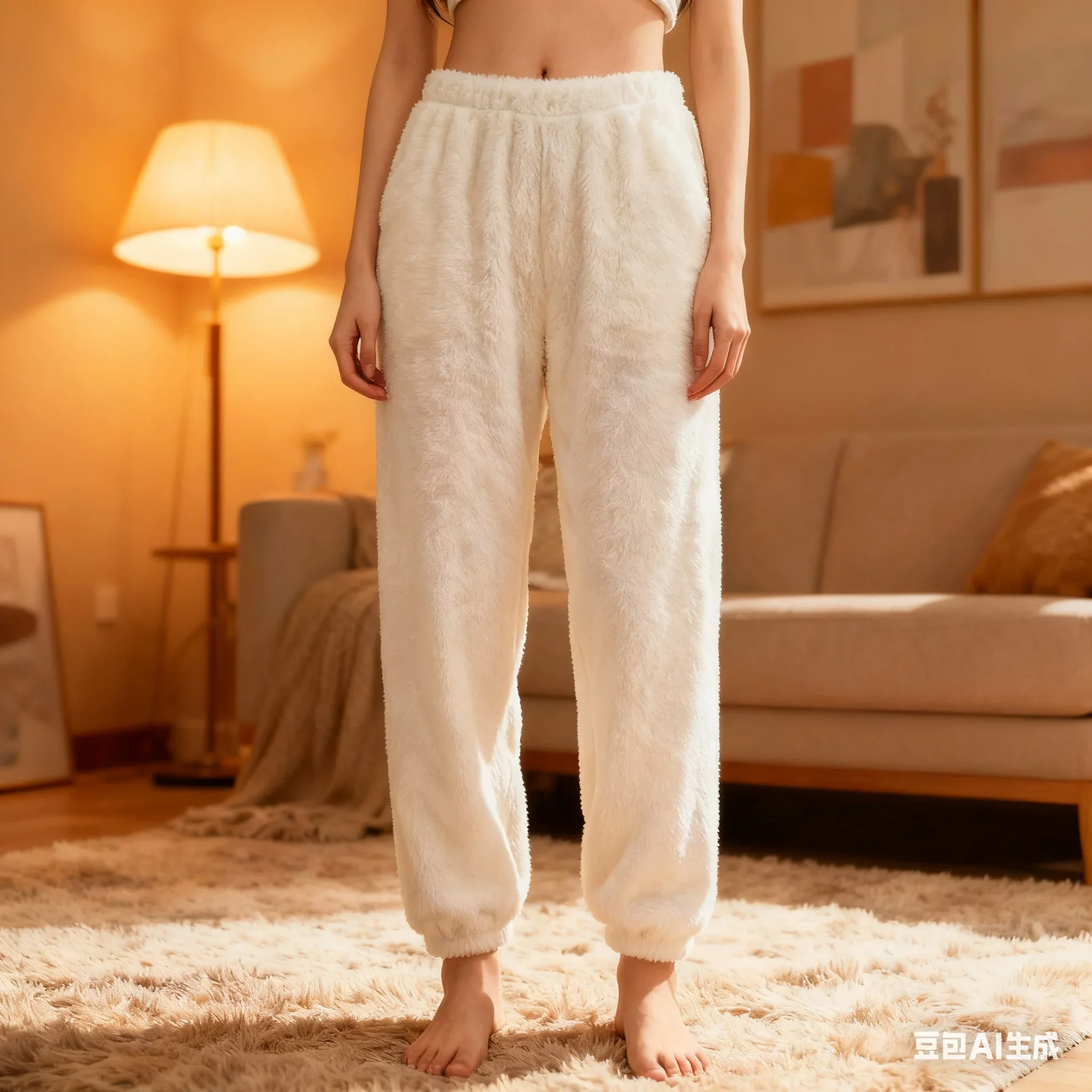 Womens Winter Pajama Pants Korean Style Plush Thermal Fleece Lined Lounge Wear Soft Elastic Waist Home Sleepwear Holiday