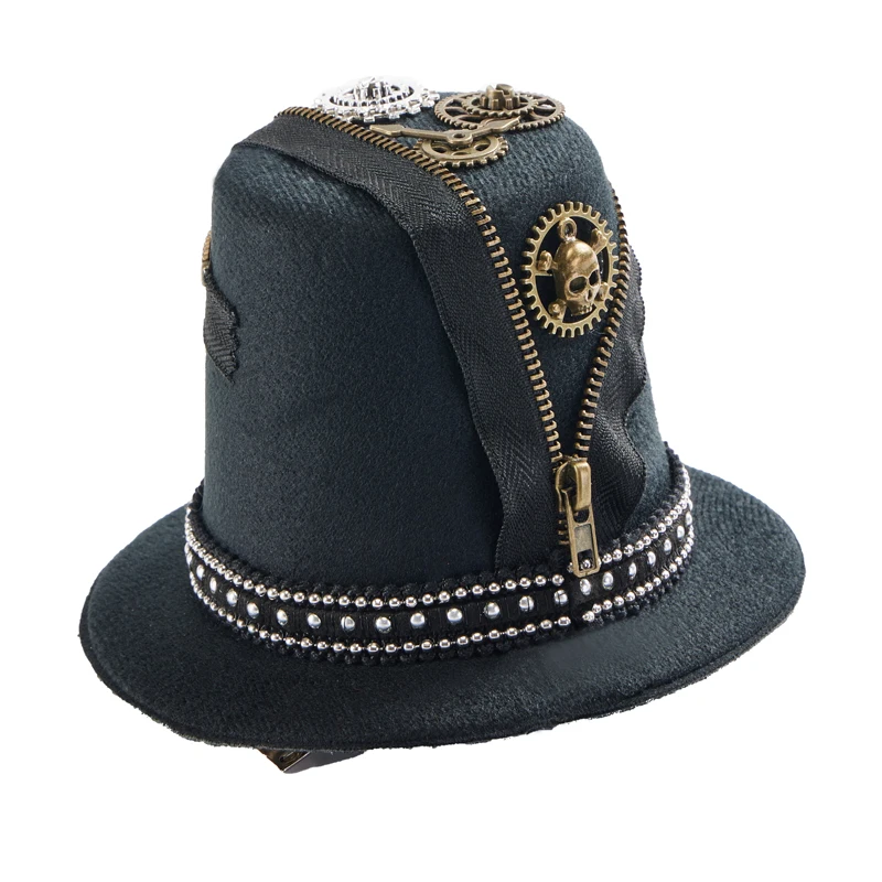 Gothic Retro Zipper Mini Hat Vintage Punk Clock Cogs Skull Fascinator Party Decors Hat Hair Clips