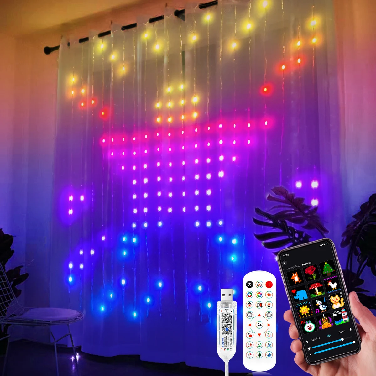 Умная занавеска USB RGB Рождественские гирлянды 400 светодиодов Музыкальный режим Программируемое управление через приложение Bluetooth Светодиодная гирлянда DIY Текстовый узор