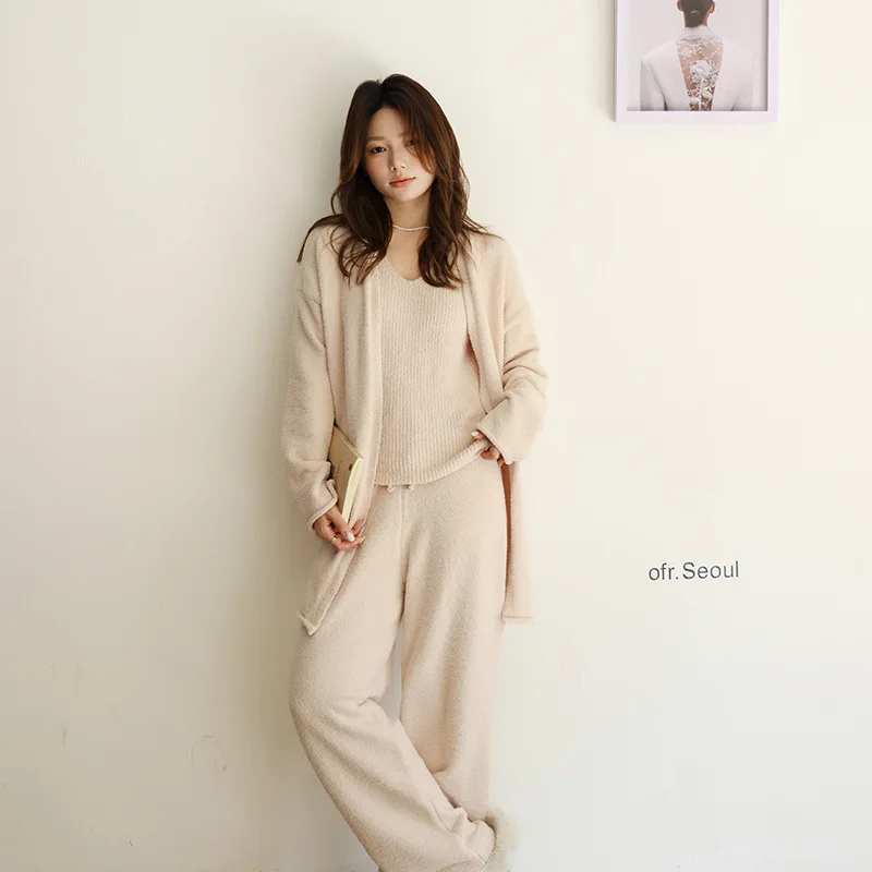 Women's Autumn Winter Thick Warm Knitted Sleepwear Set Pure Color Simple Elegance Home Clothes Outfit for Casual Wear