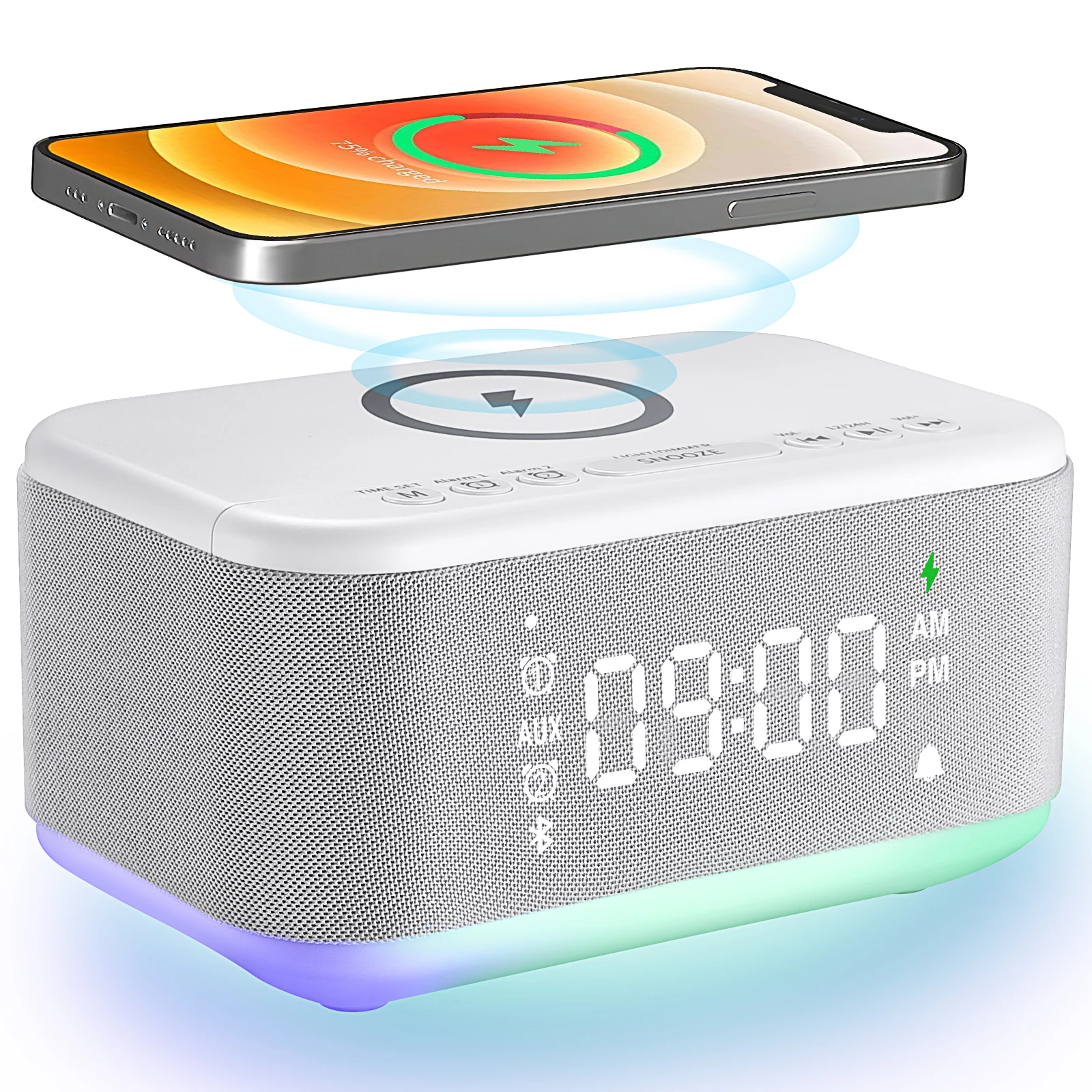 FANSBE 3 In 1 Home Hotel Wake Up RGB Light 5W Wireless Charger Alarm Clock With Bluetooth Speaker