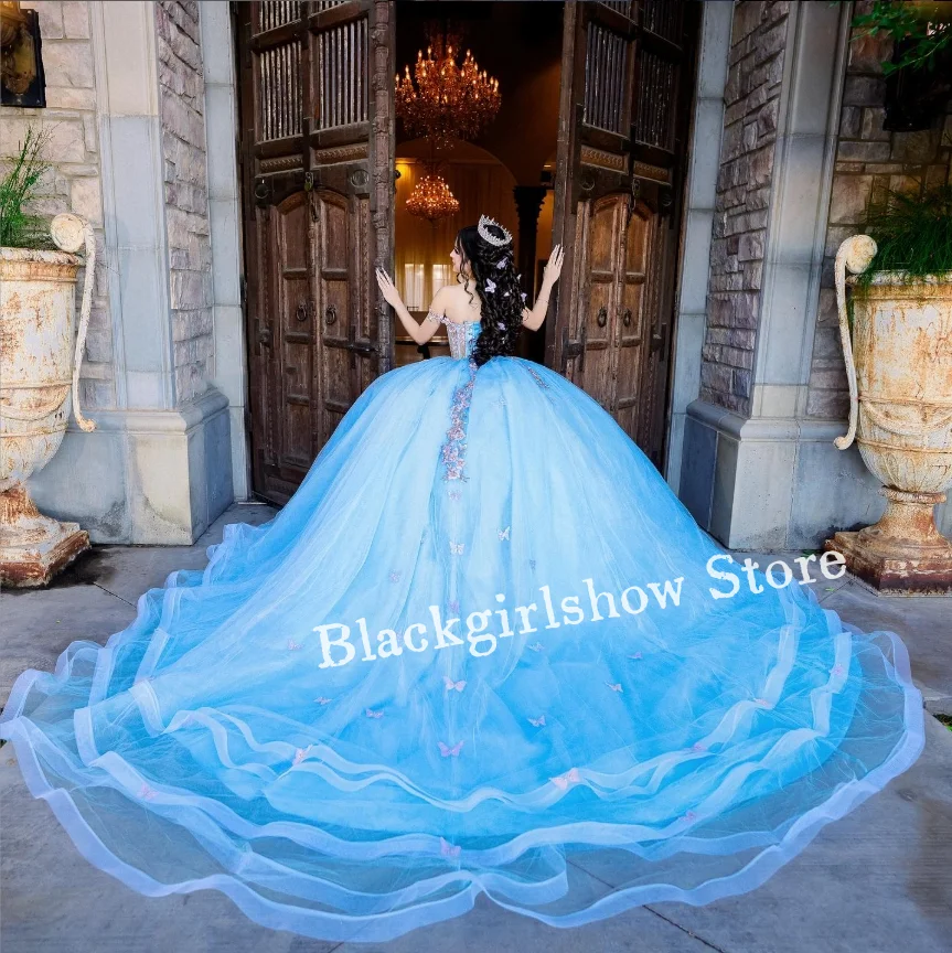 Abiti da ballo fantasy Abiti Quinceanera Glitter lucidi con spalle scoperte Corsetto trasparente Fiocco Applique Cattedrale Treno Abito da ballo personalizzato