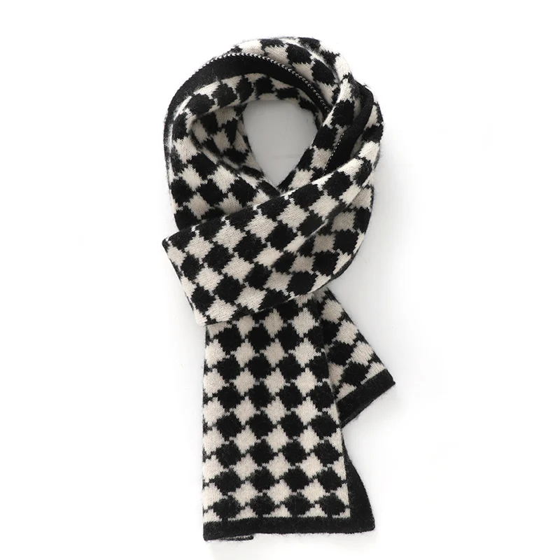 Autumn and Winter Korean Style Chessboard Plaid Pattern 35% Cashmere Knitted Women's Scarf Comfortable Warm Scarf