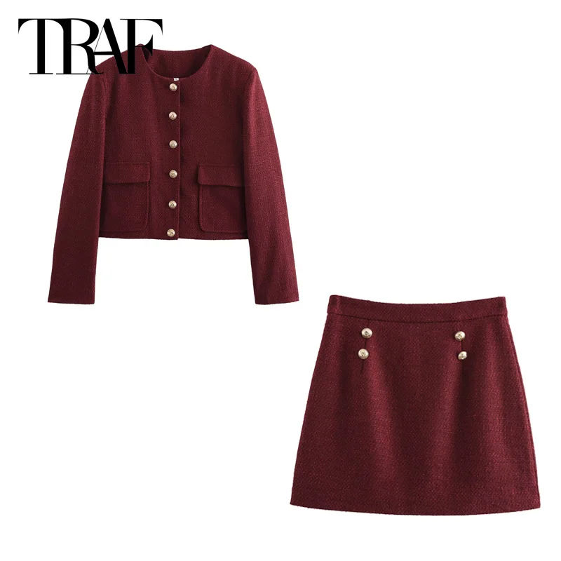 TRAF Tweed Burgundy Skirt Set Women's Two Pieces Set Crop Long Sleeve Jacket Sets For Women 2 Pieces Mini High Waist Skirt Suits