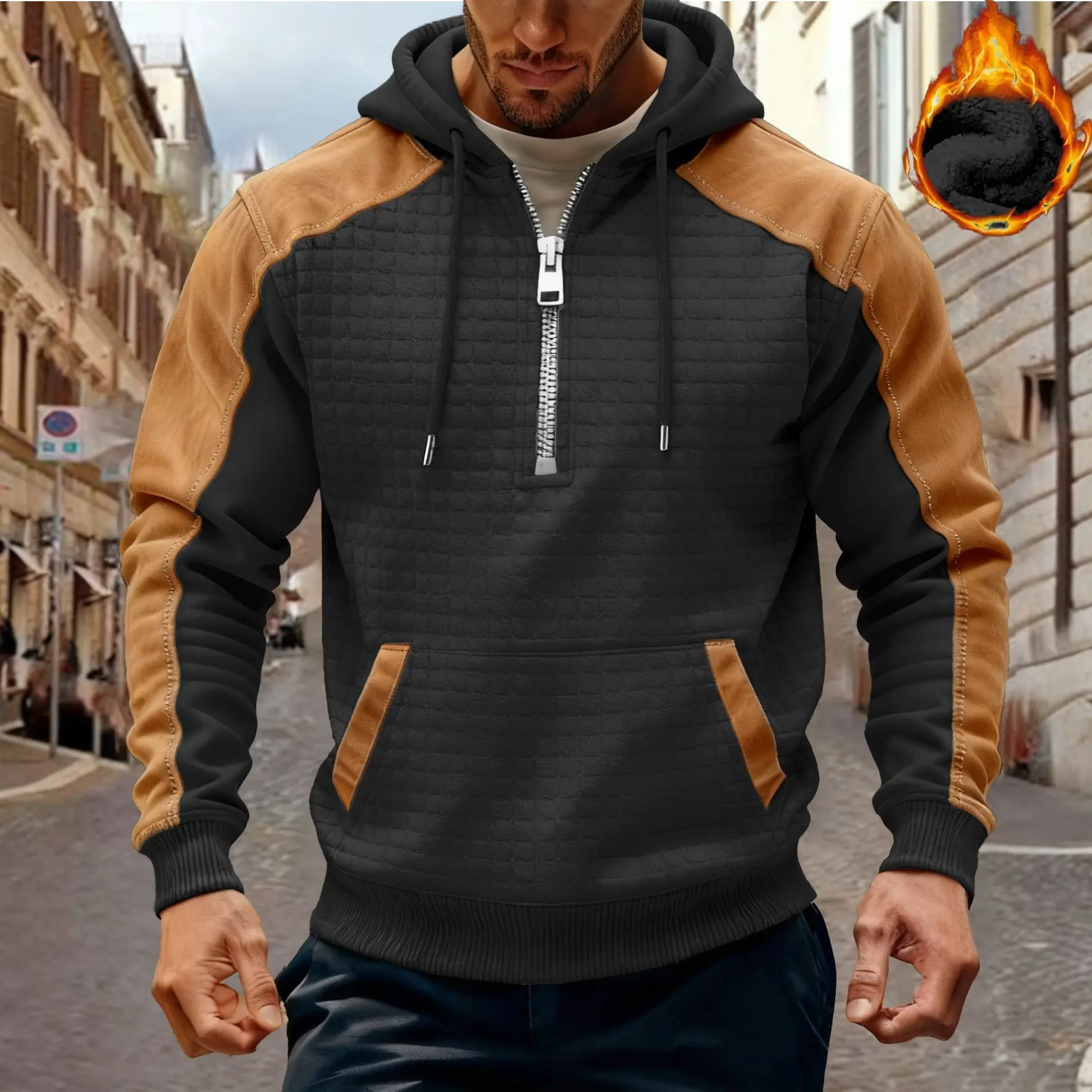 

2025 Autumn-Winter Men's Zipper Hooded Checkered patchwork Casual Hoodie Street Fashion Young man's Warm wool hoodie Pullover