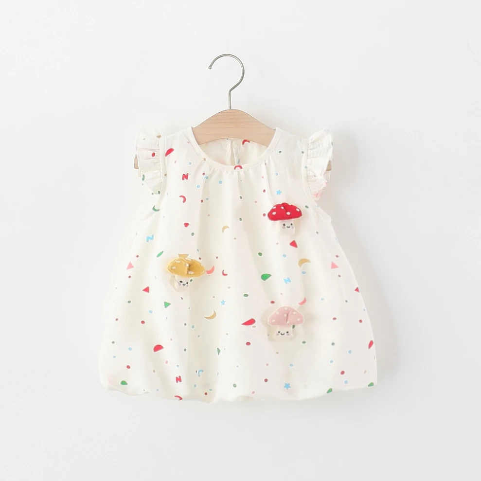 Baby Girl Dress Summer Cotton Solid Color Geometric Little Fly Sleeve Girls Dresses Cartoon Cute Beach Baby Girl Clothing