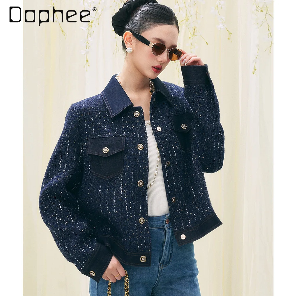 

2025 Spring New Korean High-end Denim Splicing Fashion Versatile Tweed Jackets for Women Commuter Style Temperament Short Jacket