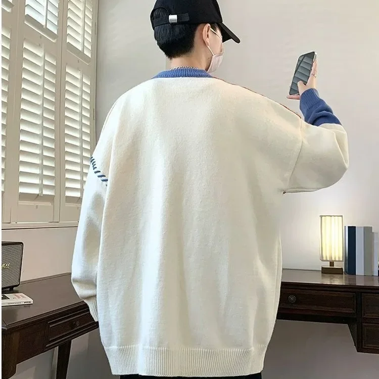 Man Panelled Contrast O-neck Sweater 2024 Autumn Winter Vintage Loose Long Sleeves Knitted Pullover Fashion Casual Male Jumper