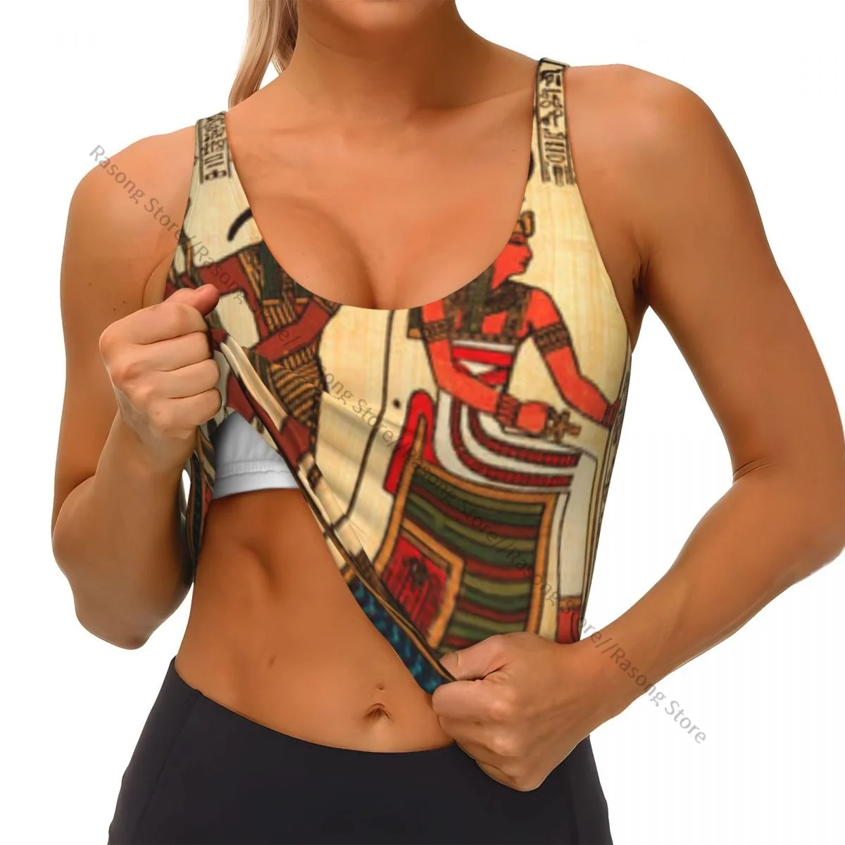 Damska seksowna koszulka sportowa z egipskim papirusem i hieroglify, damska odzież uliczna, sportowa bielizna, krótki top.