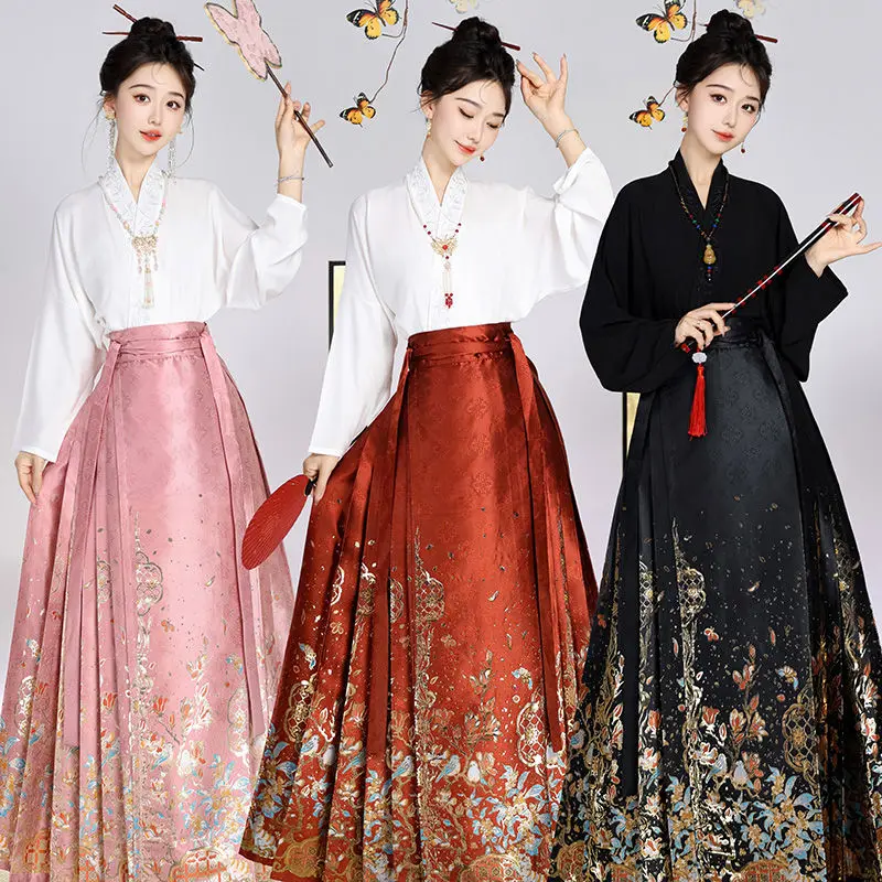 

Женская юбка Hanfu, традиционный китайский костюм династии Мин, плетеная юбка с золотым лицом лошади, Повседневное платье, розовая танцевальная праздничная одежда