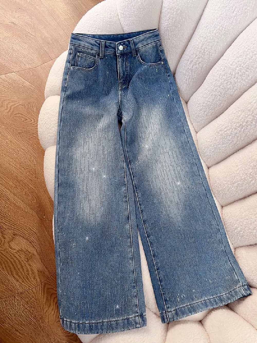 

Women's Rhinestone Low-Rise Heavy-Duty Jeans New 2026 Spring Collection Loose Straight Wide-Leg Sparkling Pants Versatile Denim