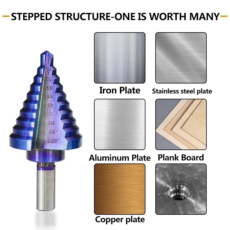 XCAN Step Drill Bit 5pcs/6pcs 1/8''-1-3/8'' Cone Drill Bit Nano Blue Coated Core Hole Cutter Wood Metal Drilling Tool