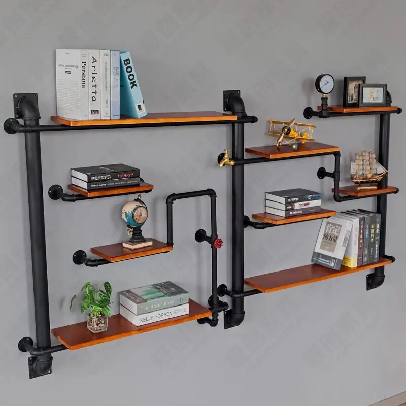 Customized retro industrial wind wall water pipe rack wall hanging creative storage rack bookshelf wine rack wrought iron decora
