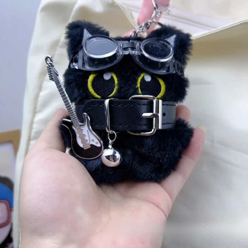 Colgante de Gato Negro de Ojos Grandes, Llavero de Peluche de Gato Negro Pequeño Estilo Punk, Colgante para Bolso, Pequeño Regalo Festivo de Gato Rockero