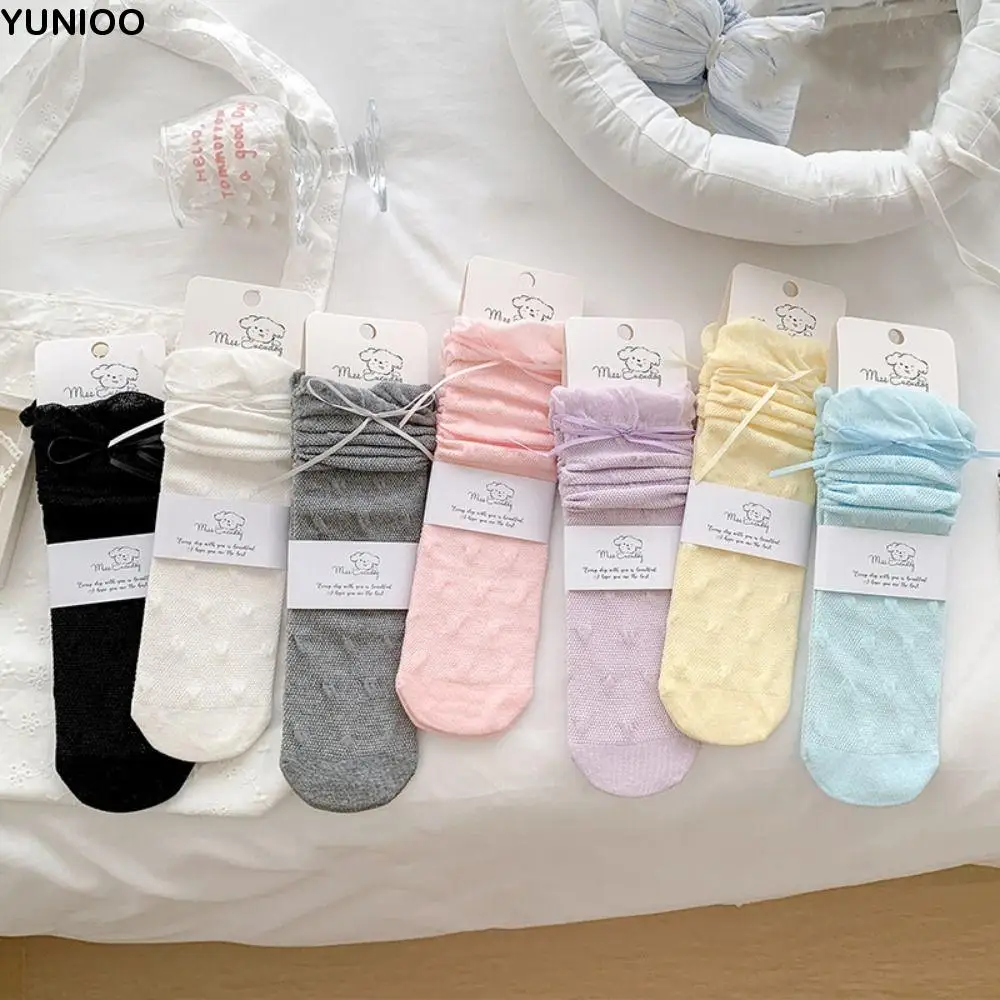 

Breathable Sweet Children Mid-Tube Hosiery Princess Thin Lolita Lace Stockings Ribbon Bow Cotton Balletcore Socks Girls