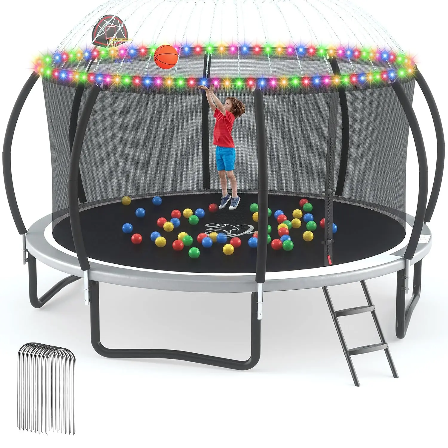 Outdoor Trampoline Recreational Trampolines with Anti-Rust Coating, Enclosure Net, Light+Sprinkler, Ladder, Wind, Customized