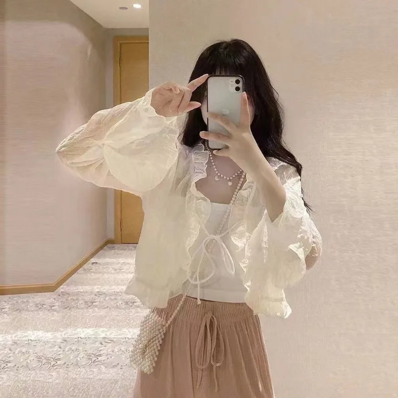 Chiffon Cardigan Women Korean Style Summer New Office Lady Ruffles Solid Color Flare Sleeve Lace-up Versatile Short Tops Female