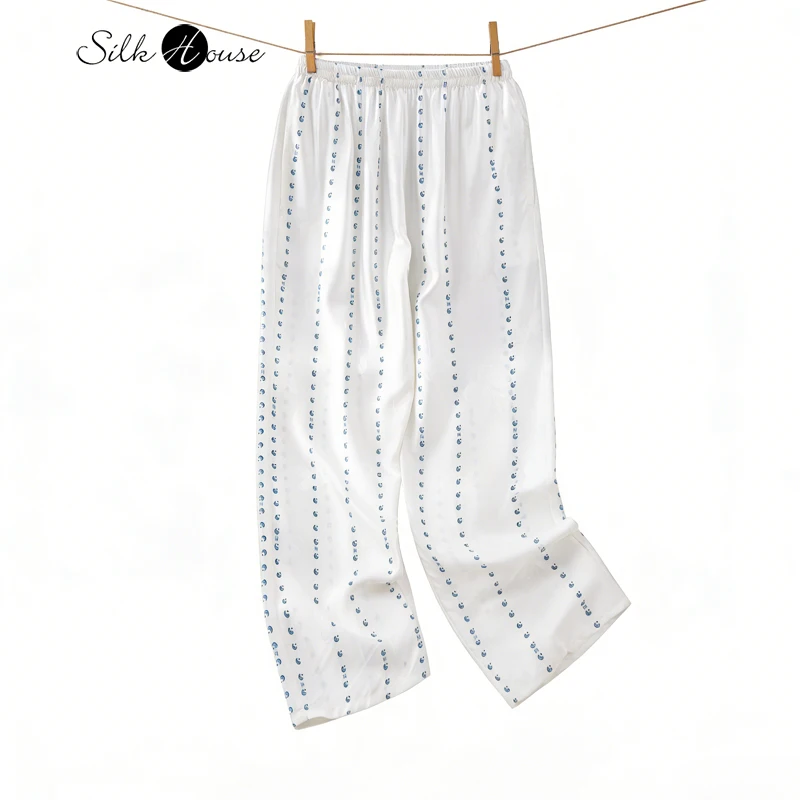 

Plus Size Relaxation Sensation 100% Natural Mulberry Silk SangBo Satin Flower Rose Skin Friendly Casual Straight Leg Pants