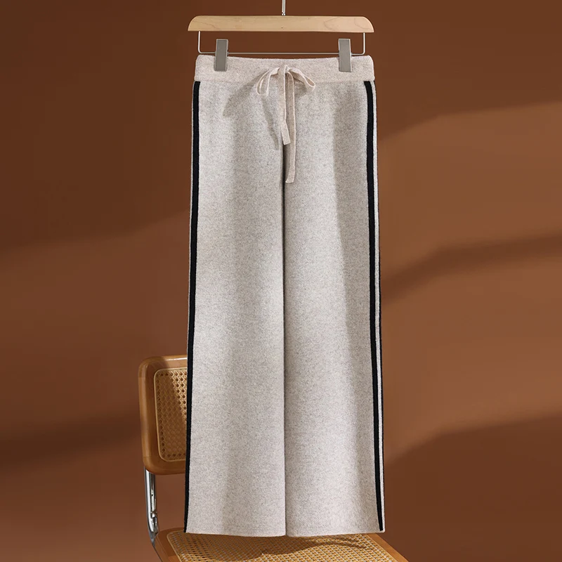 35% cachemire et 65% laine! Pantalon épais élastique à taille large pour femmes, jambes avec rayures latérales, chaud et élégant