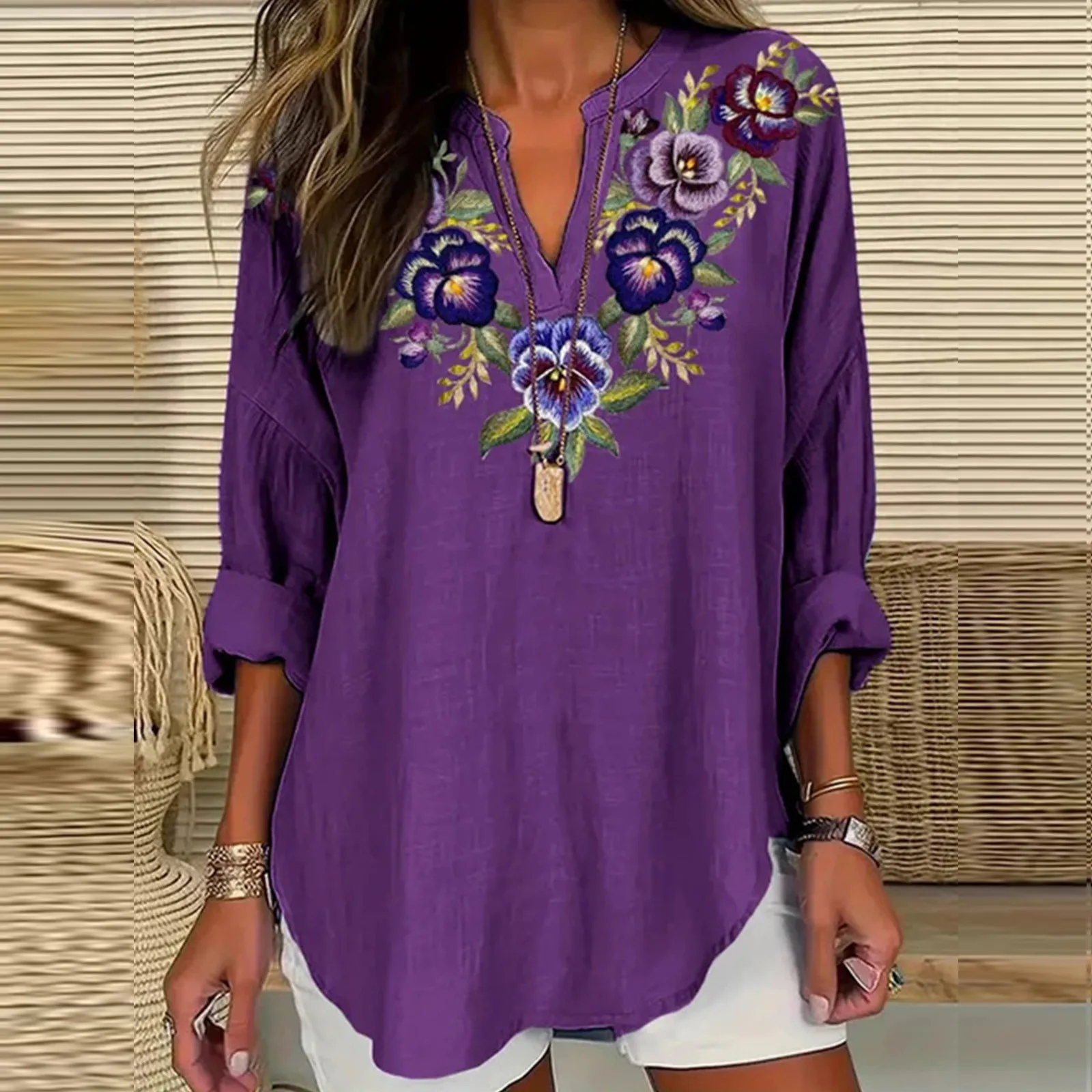 Casual Short Sleeved Sheer Blouses Women Women\'S Fashion V Neck Long Sleeved Purple Floral Printed Top Plus Size Ruffled Tunic