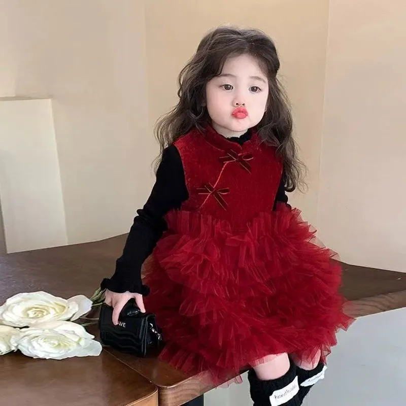 

Платье для девочек в китайском стиле Ханьфу, 90-140 см, бархатное, осенне-зимнее, новый стиль