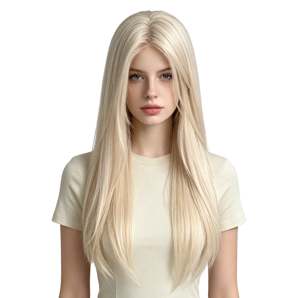 Soft Silky Protein Fiber Wig T Part Lace Long Straight Platinum Blonde Wig Natural Looking Synthetic Hair For Women Daily Party