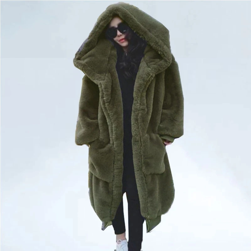 Elegant Hooded Long Winter Faux Fur Coat Women Fashion Plush Fur Coats Hoodies Loose High Quality Thick Warm Winter Fur Overcoat