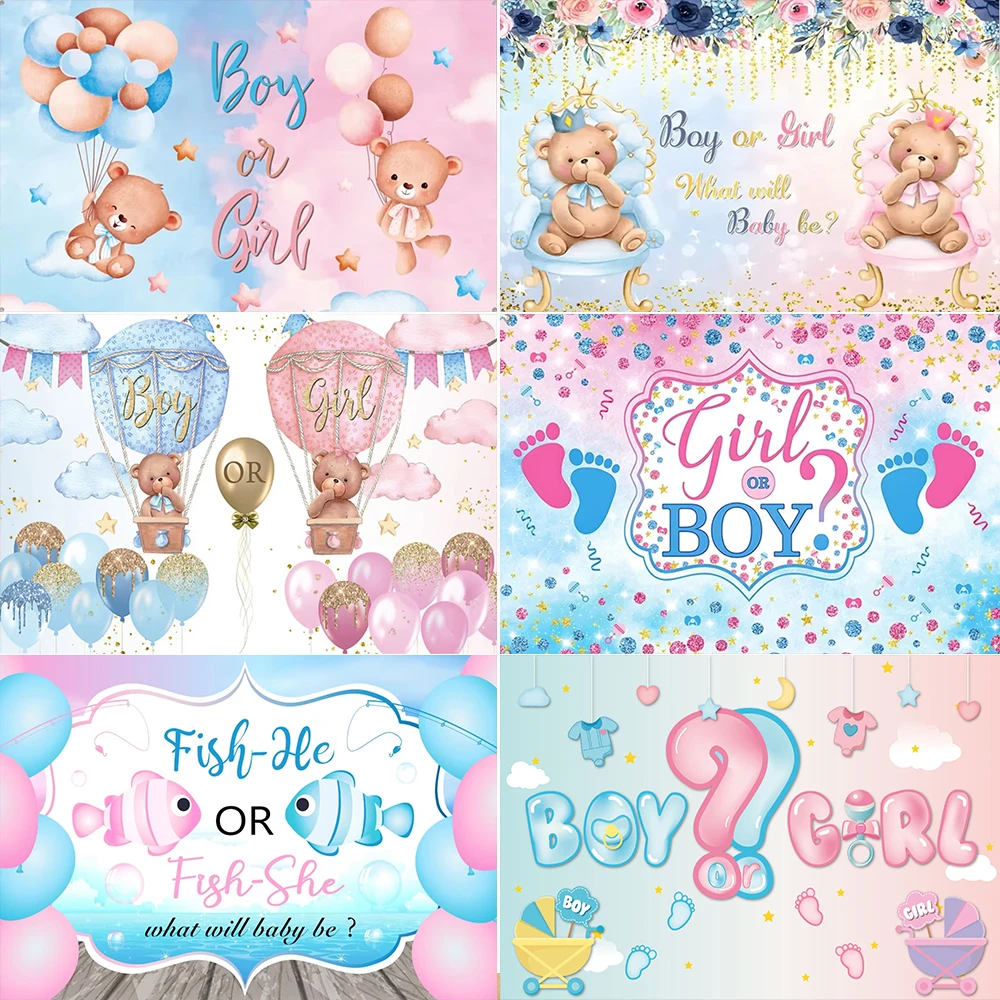 

Gender Reveal Theme He or She Fish Newborn Baby Shower Birthday Party Bear Balloons Background Decor Banner Kids Photo Props
