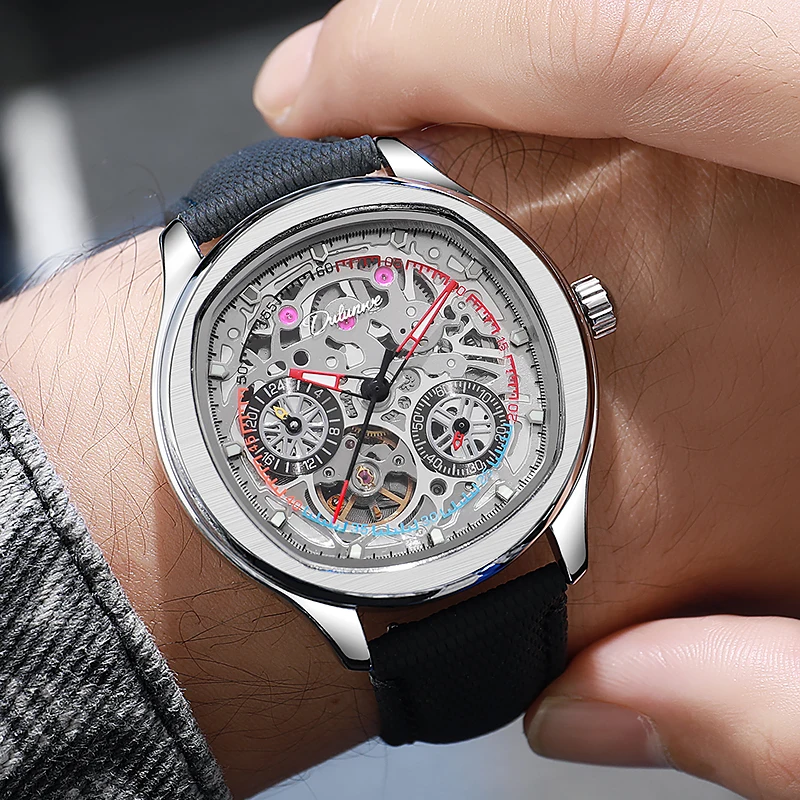 Dulunwe Luxury Skeleton Mechanical Men Watch See‑Through Movement Multi‑Color Hands Automatic  Fashion Wrist Watch