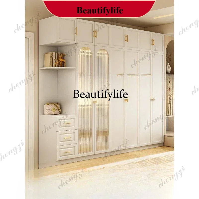 French wardrobe home bedroom modern light luxury cream style retro solid wood ecological glass door wardrobe d178