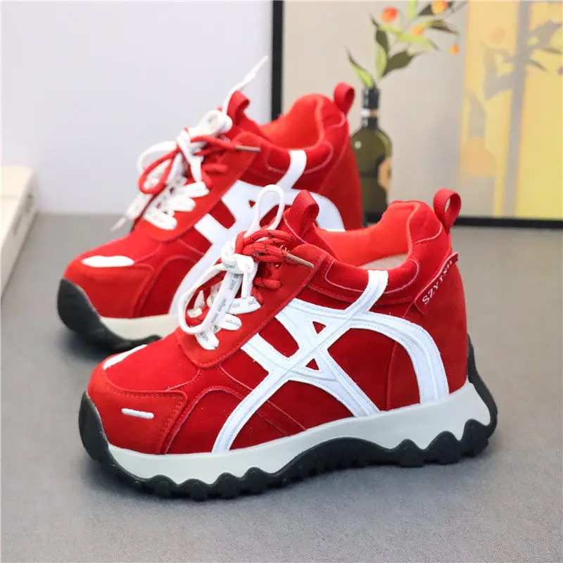 Women Vintage Sneakers 10cm Hidden Heel Chunky Platform Shoes Casual Versatile Dad Shoes Petite