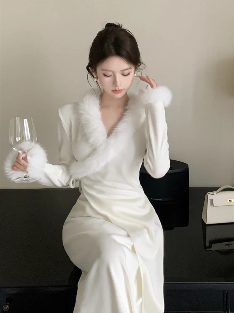 

Юбка миди А-силуэта с V-образным вырезом, длинными рукавами, вставками из искусственного меха, белая, с поясом на талии, в стиле ретро, для повседневной носки, с завышенной талией