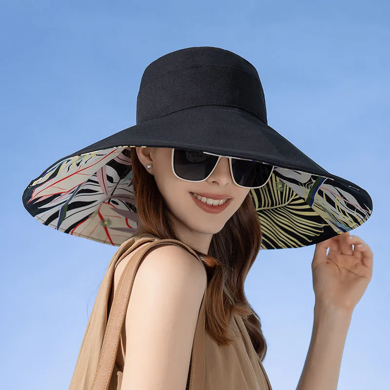 2024 18cm Large Brim Hat Women Summer UV Protection Sun Hat Reversible Wear Fashion Bucket Hat Female Outdoor Leisure Travel Hat