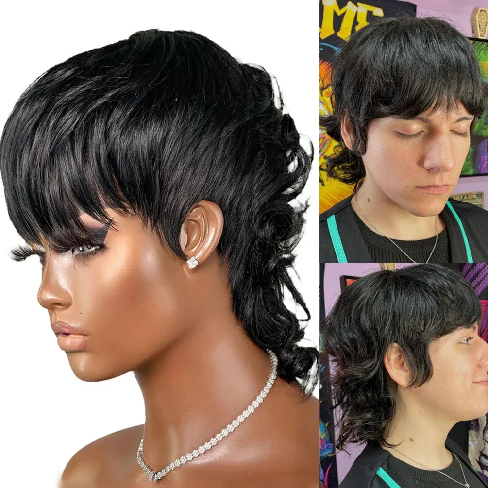 Brazilian Pixie Cut Wigs Human Hair Short Mullet Loose Wave Glueless Wig 100% Human Hair Ready To Wear No Lace Full Machine Wig