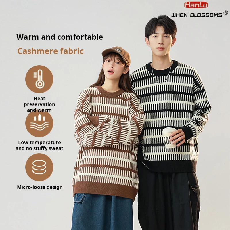 

HANLU Autumn Winter High quality Stripe Sweater Men Women Casual Chic Sweater Unisex Couple knit Sweatshirt Pullover