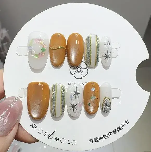 10PCS Brown Cat Eye Handmade Short Oval False Nail Graffiti Black Lines French Press on Nail Glitter Acrylic Detachable Gel Nail