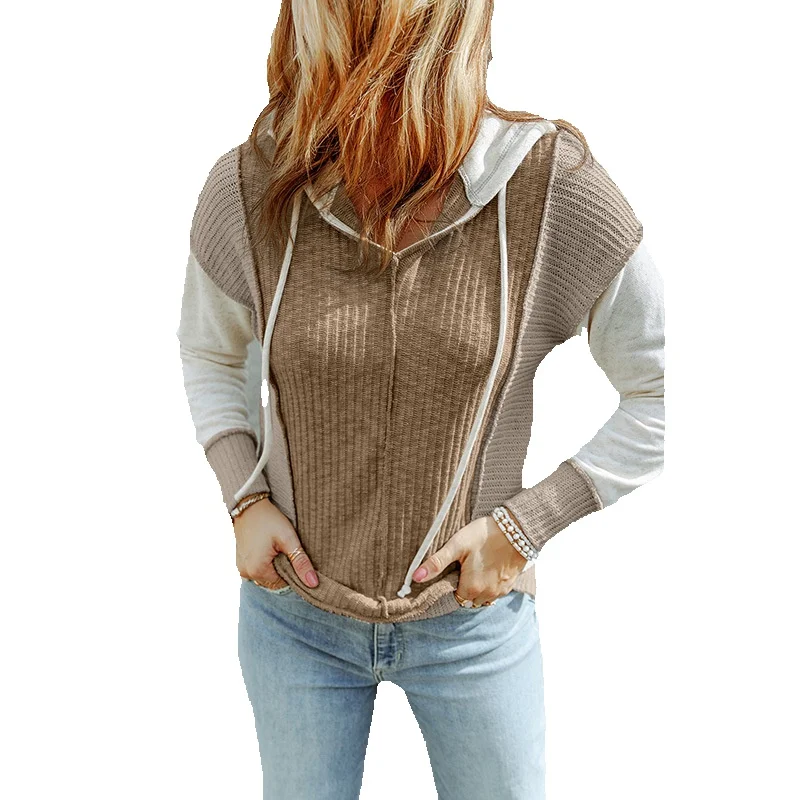

Casual Texture Patchwork Knitted Sweater For Women In Autumn New Slim Fitting Hooded Long Sleeved Top