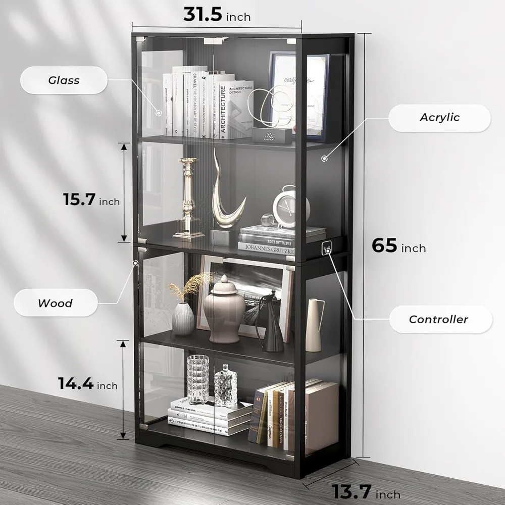 Display Cabinet with Glass Doors, 4-Tier Curio Cabinet with 3 Color Lights for Collectibles, Glass Display Case with Human Body